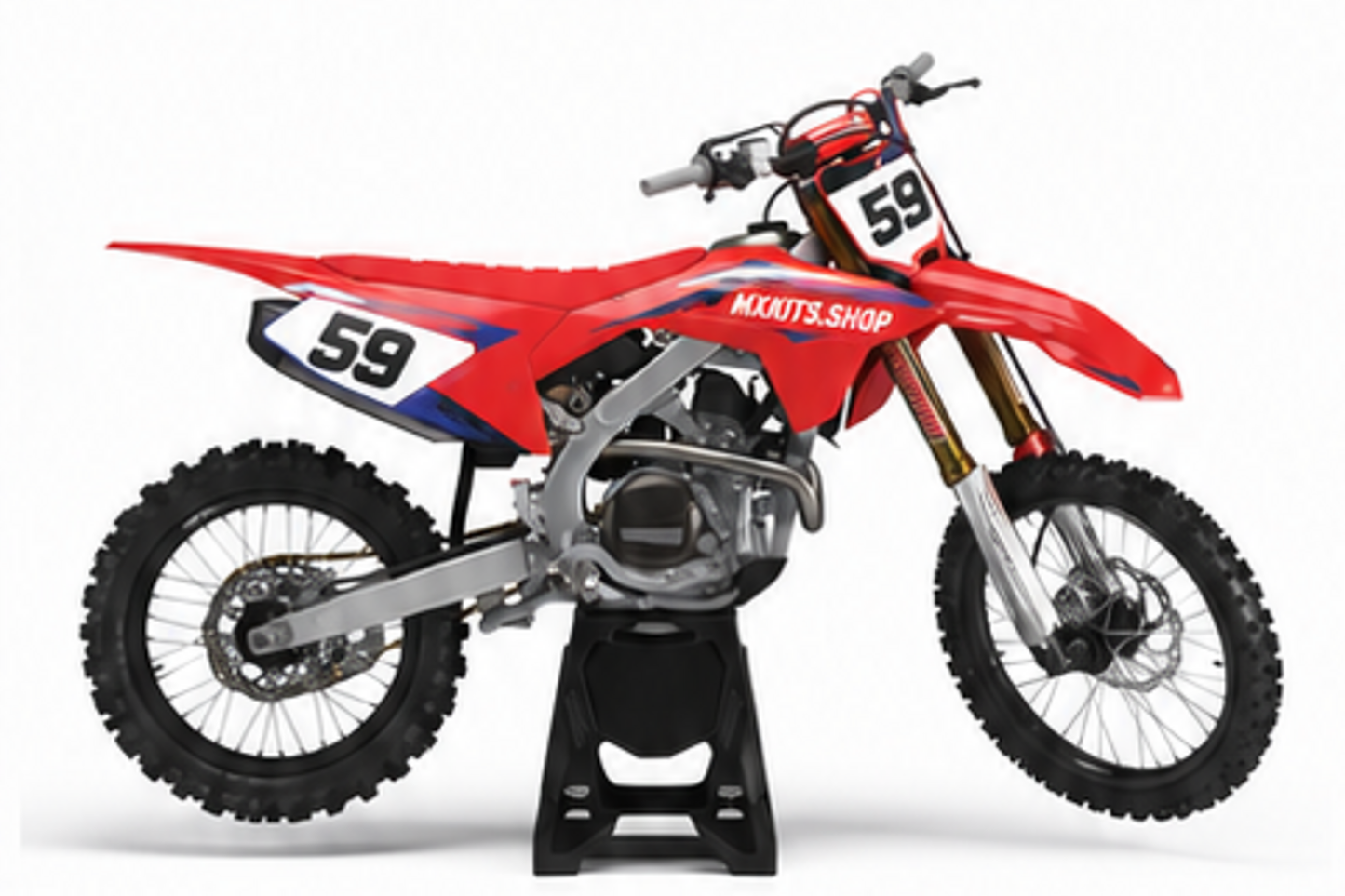 Red Black Honda CRF custom motocross graphics kit in side view with personalized race number