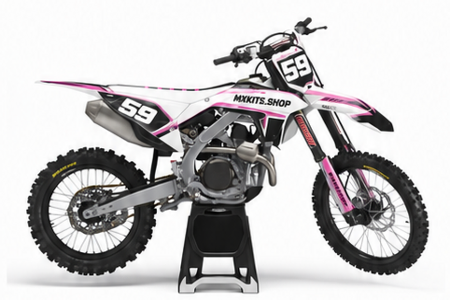 Magenta Red Honda CRF custom motocross graphics kit in side view with personalized race number
