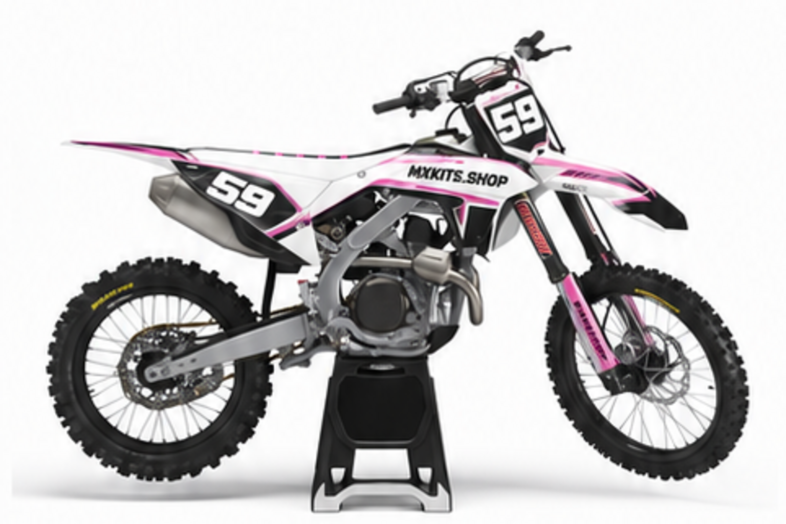 Magenta Red Honda CRF custom motocross graphics kit in side view with personalized race number