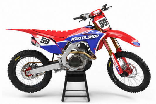 Honda CRF Motocross-Dekor-Kit in Blau, Weiß in Seitenansicht mit personalisierter Startnummer