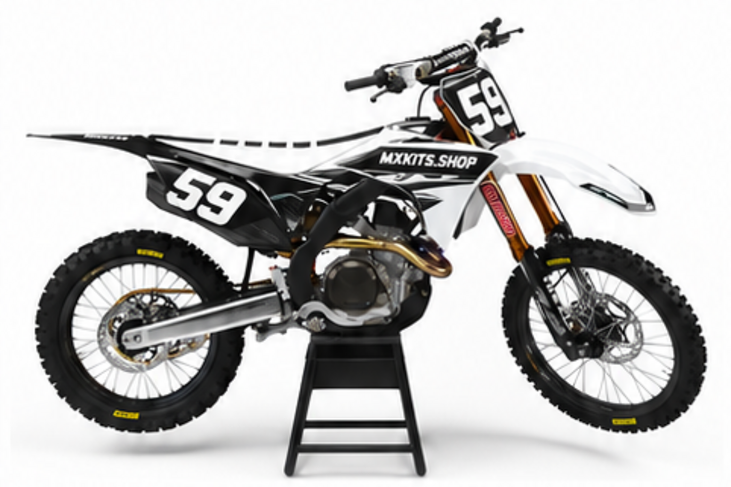White Red Honda CRF custom motocross graphics kit in side view with personalized race number
