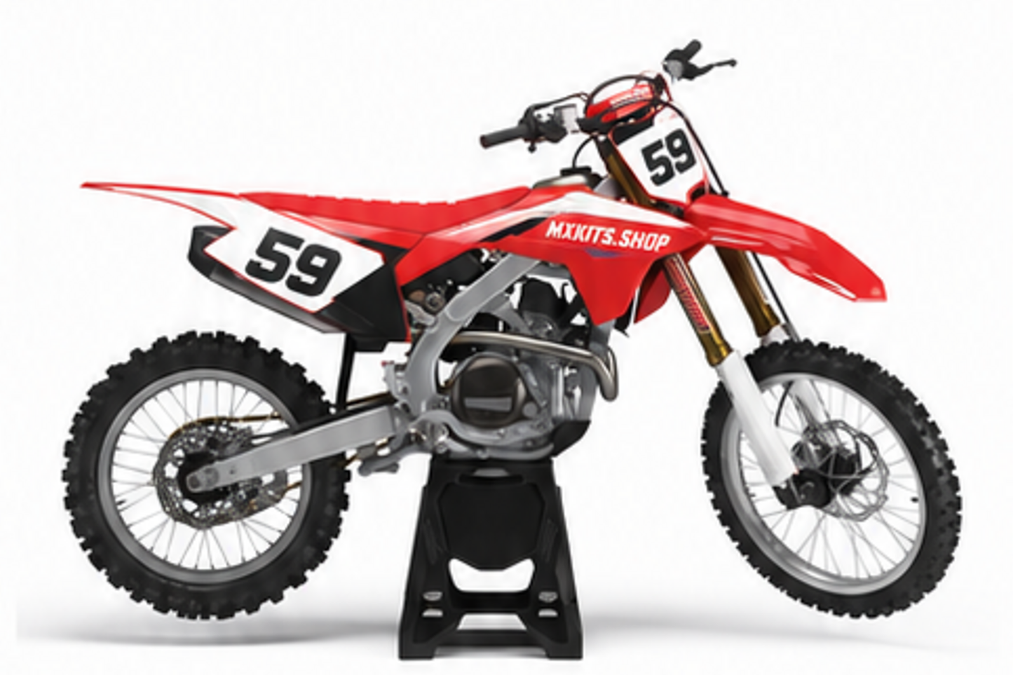 Red Black Honda CRF custom motocross graphics kit in side view with personalized race number