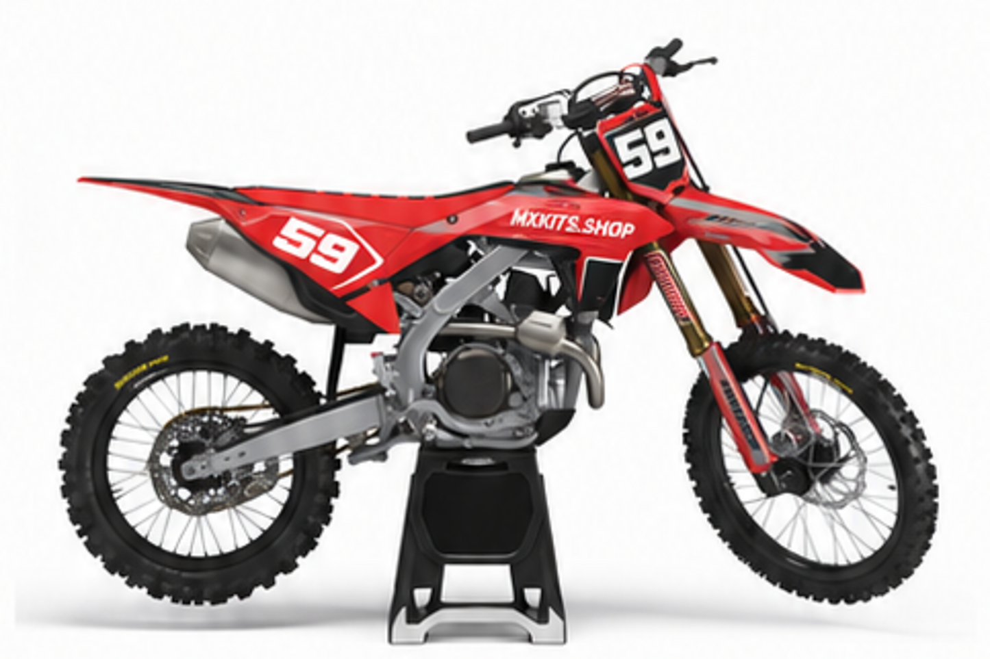 Red Black Honda CRF custom motocross graphics kit in side view with personalized race number