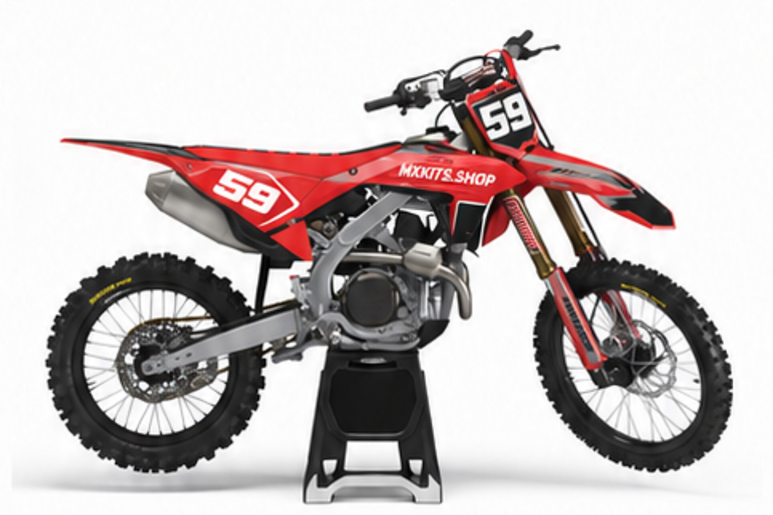 Red Black Honda CRF custom motocross graphics kit in side view with personalized race number