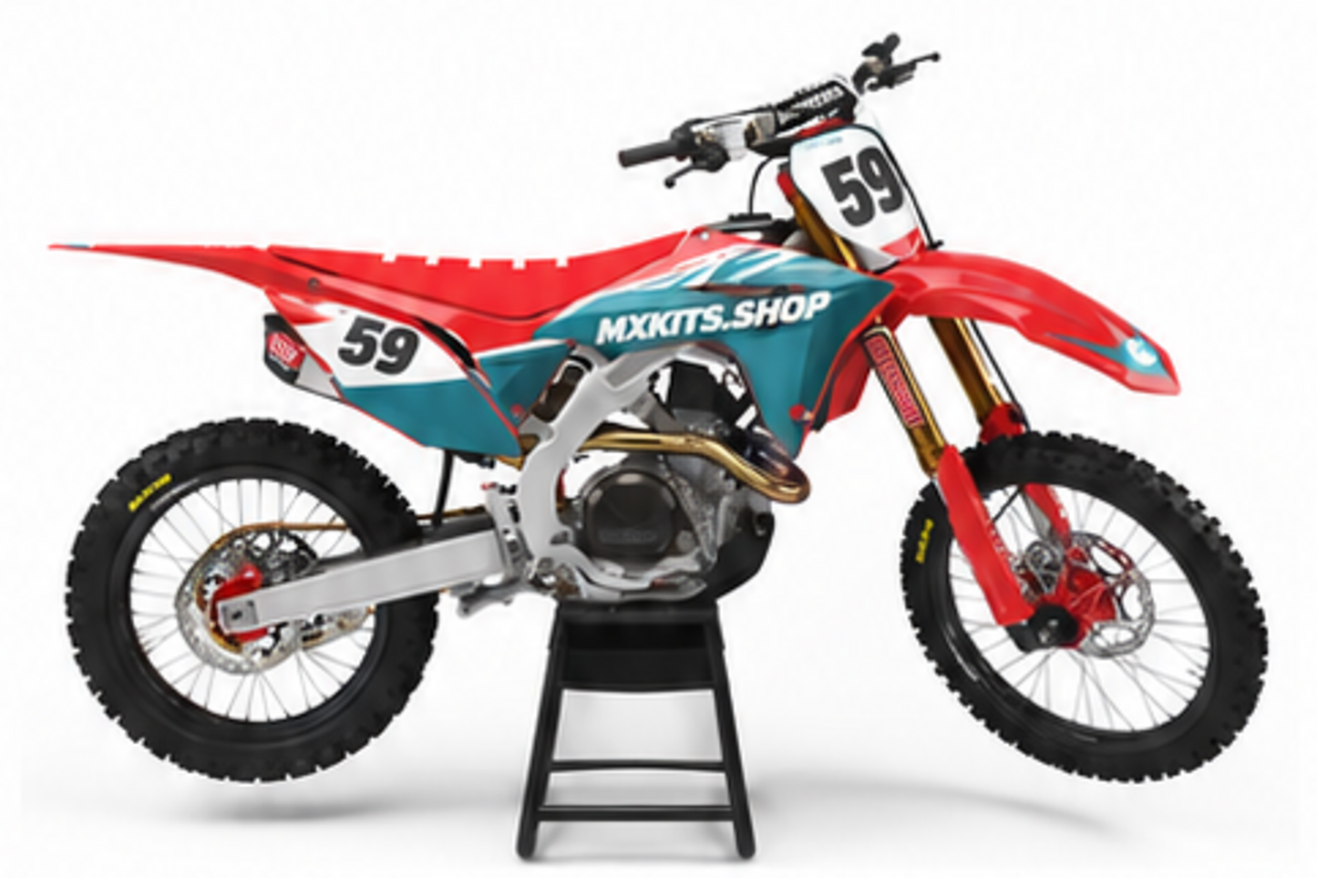 Lime Black Honda CRF custom motocross graphics kit in side view with personalized race number