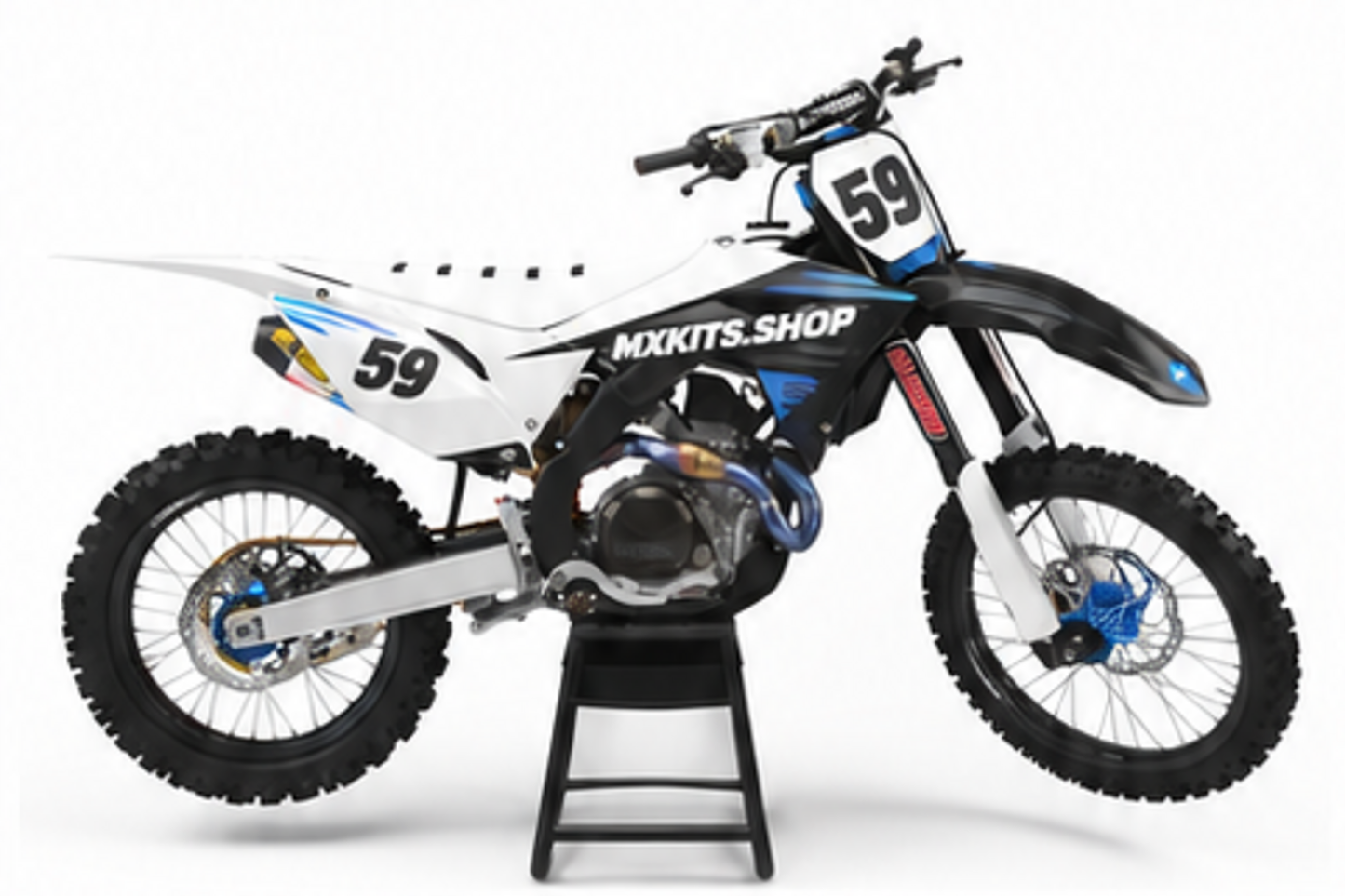 White Red Honda CRF custom motocross graphics kit in side view with personalized race number