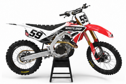 Honda CRF Motocross-Dekor-Kit in Rot, Schwarz in Seitenansicht mit personalisierter Startnummer