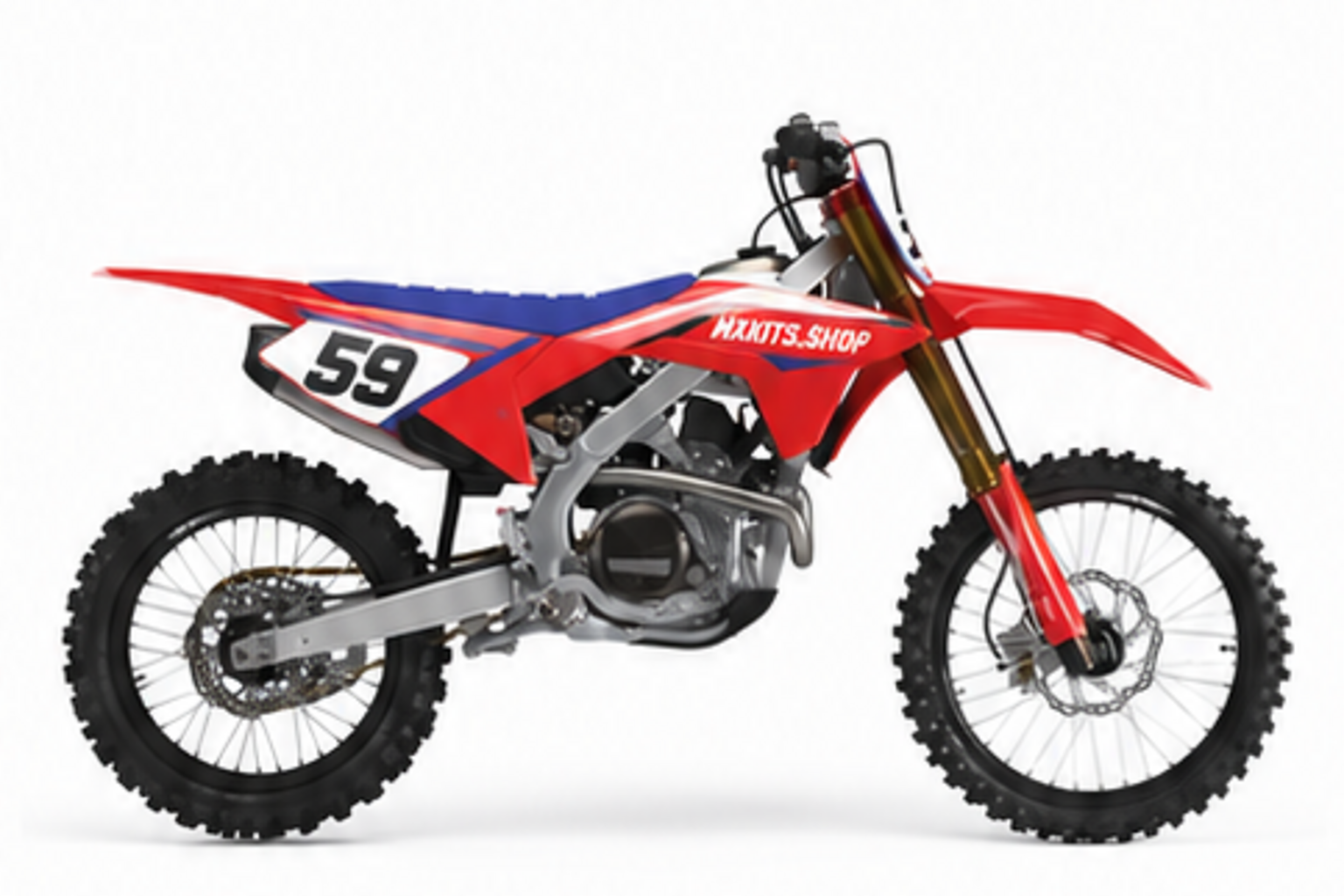 Red Black Honda CRF custom motocross graphics kit in side view with personalized race number