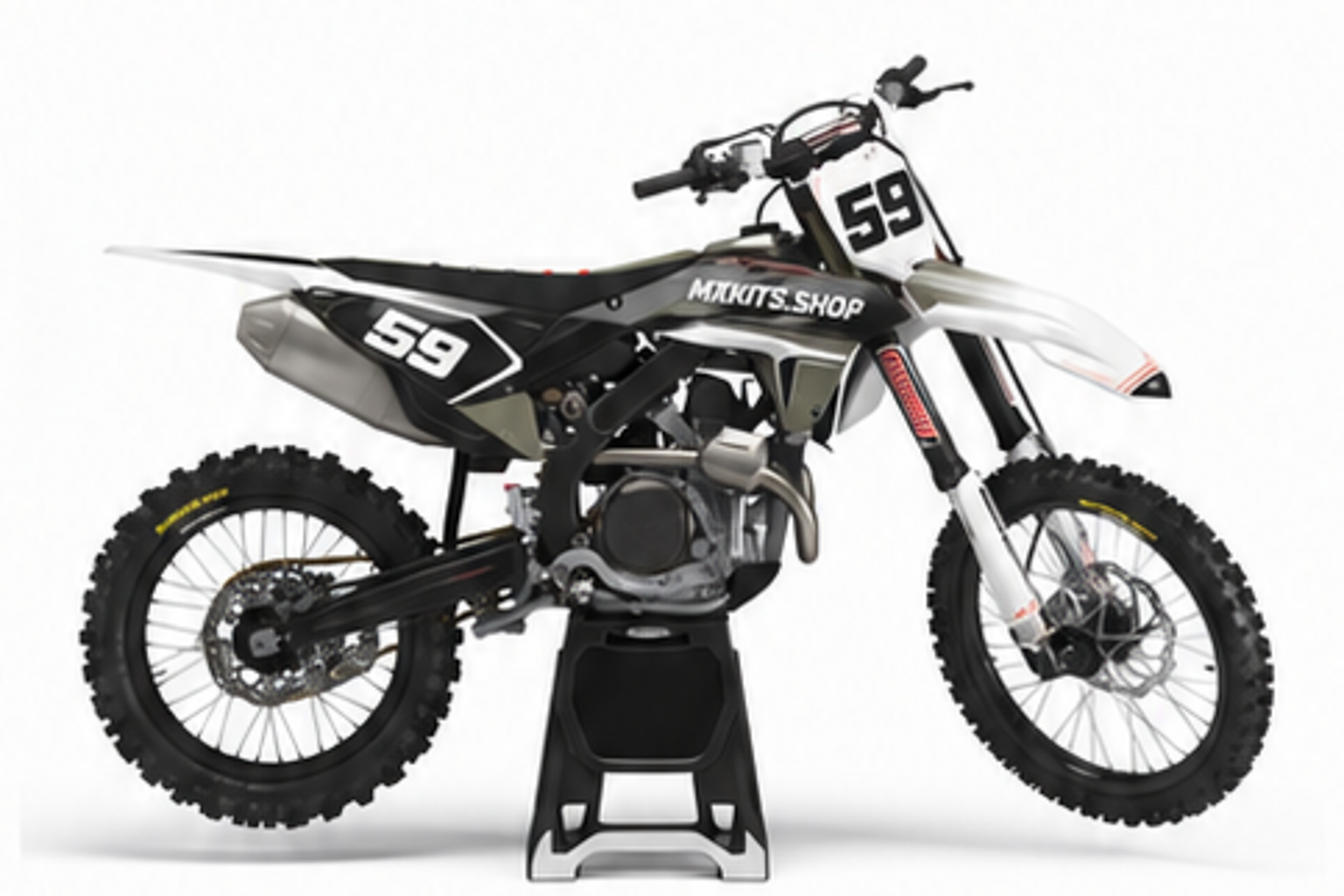 Red Black Honda CRF custom motocross graphics kit in side view with personalized race number
