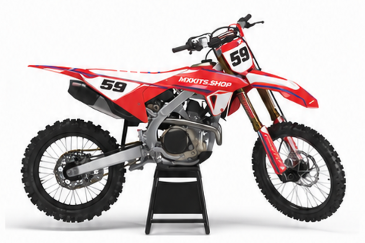 Red Black Honda CRF custom motocross graphics kit in side view with personalized race number