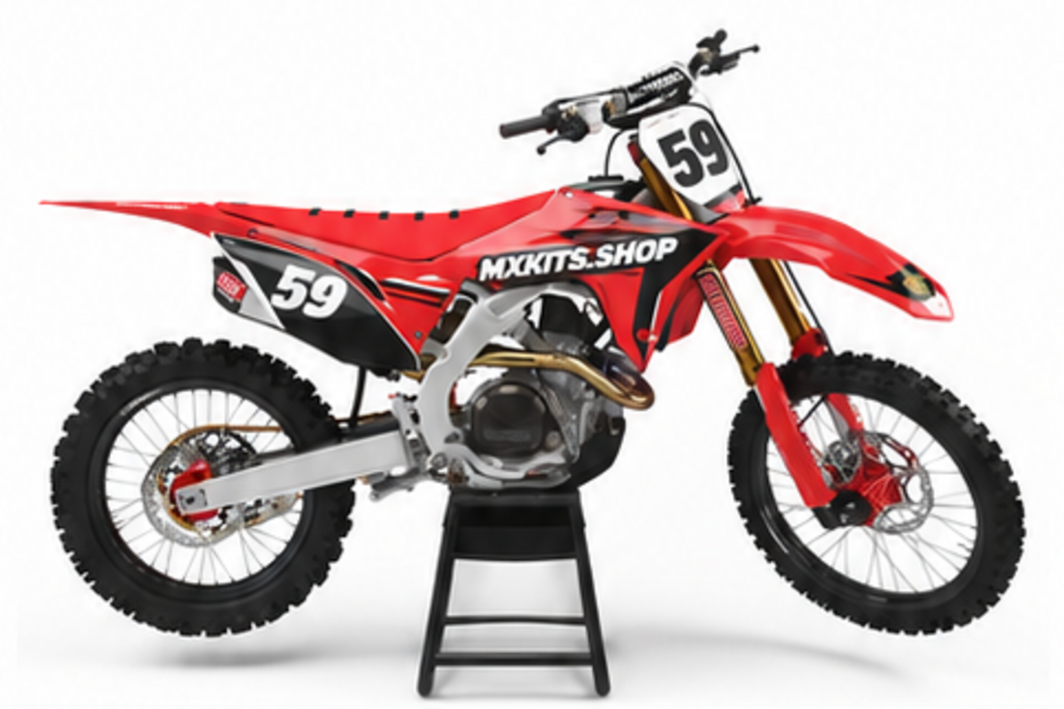 Red Black Honda CRF custom motocross graphics kit in side view with personalized race number