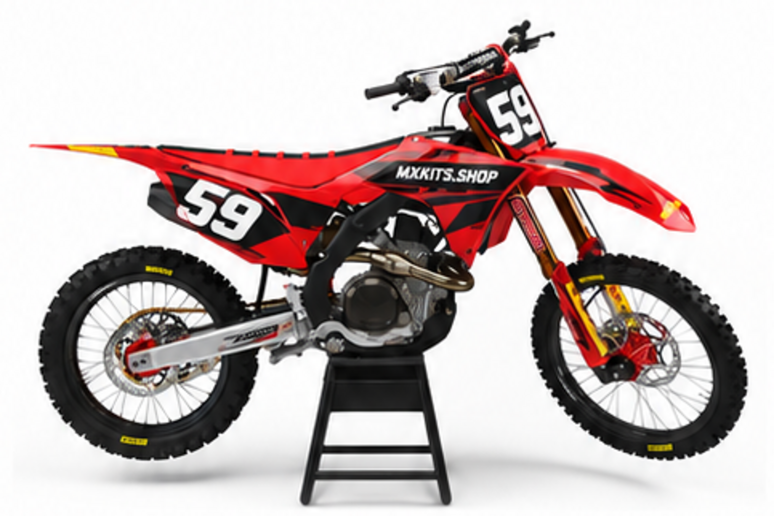 Red Black Honda CRF custom motocross graphics kit in side view with personalized race number