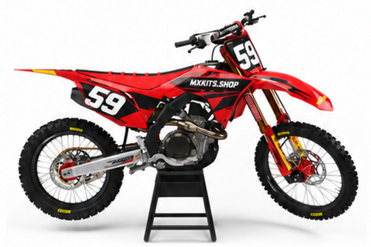 Honda CRF Motocross-Dekor-Kit in Rot, Schwarz in Seitenansicht mit personalisierter Startnummer