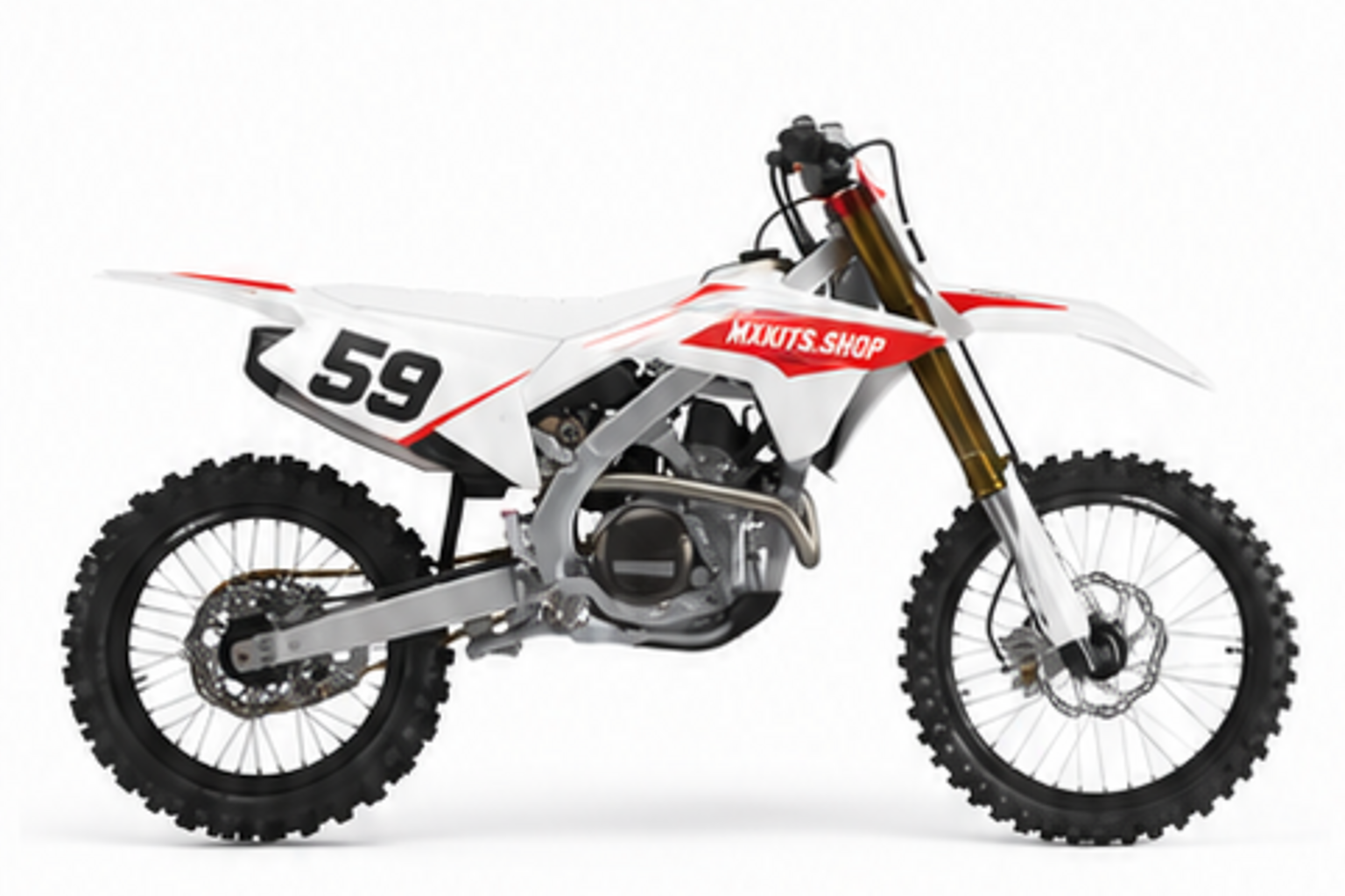 Red Black Honda CRF custom motocross graphics kit in side view with personalized race number