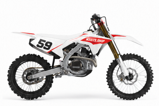 Honda CRF Motocross-Dekor-Kit in Rot, Schwarz in Seitenansicht mit personalisierter Startnummer