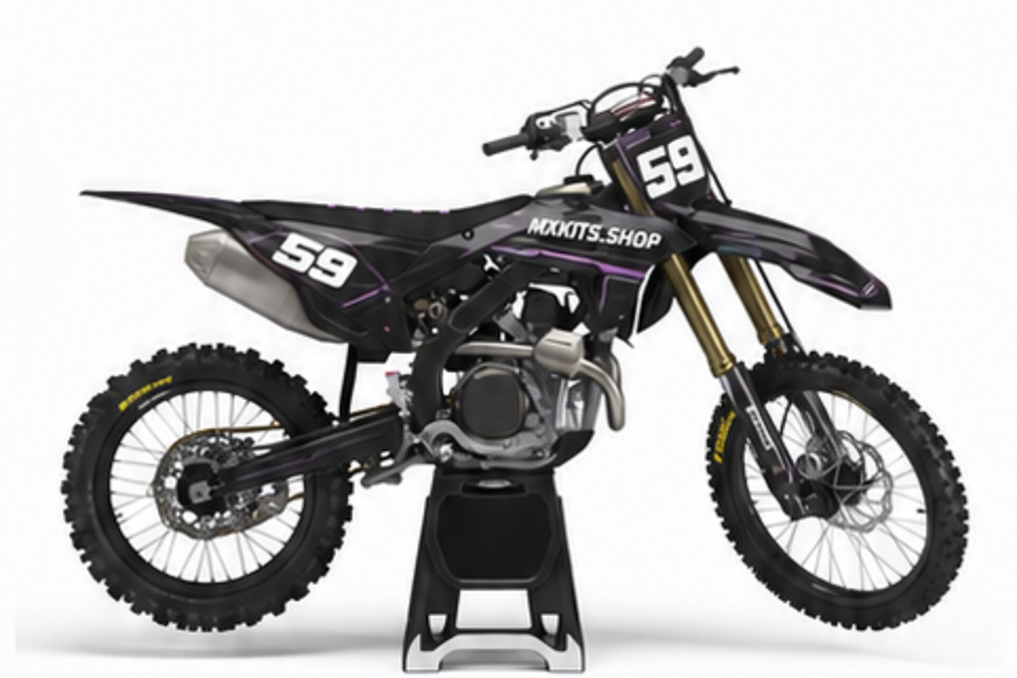 Purple Black Honda CRF custom motocross graphics kit in side view with personalized race number