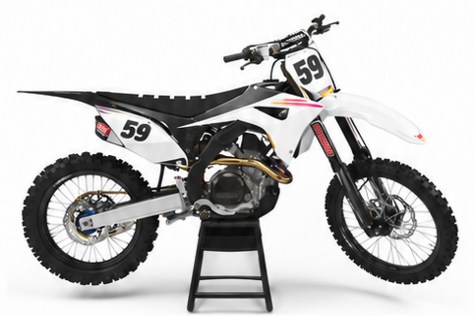 Red Black Honda CRF custom motocross graphics kit in side view with personalized race number