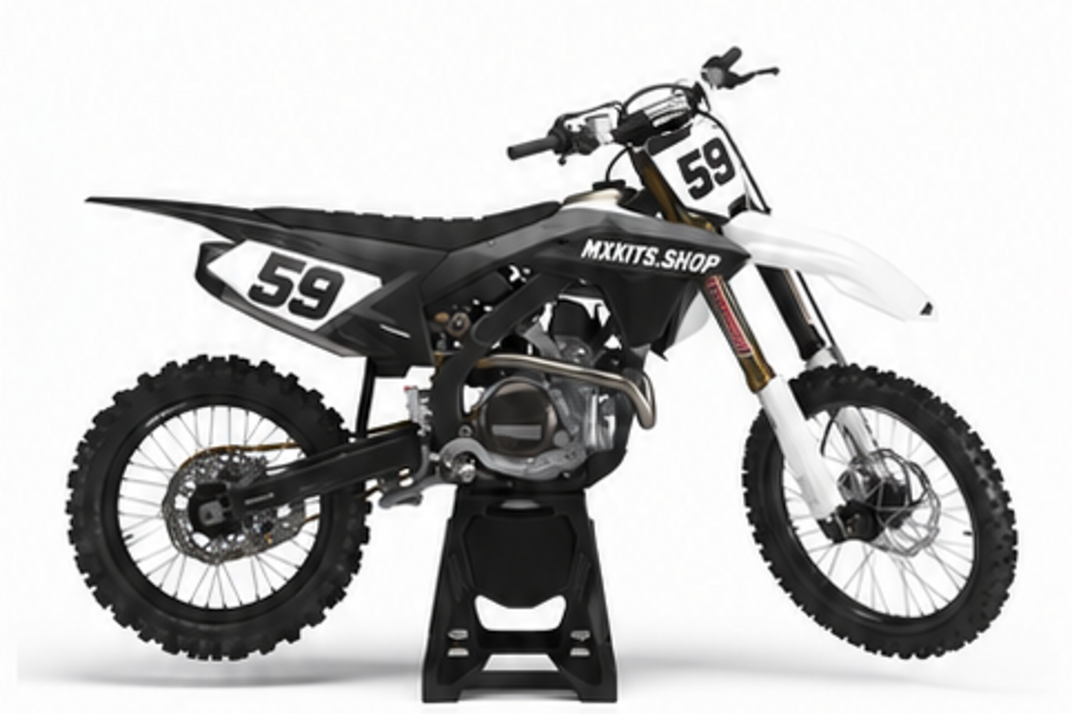 Red Black Honda CRF custom motocross graphics kit in side view with personalized race number