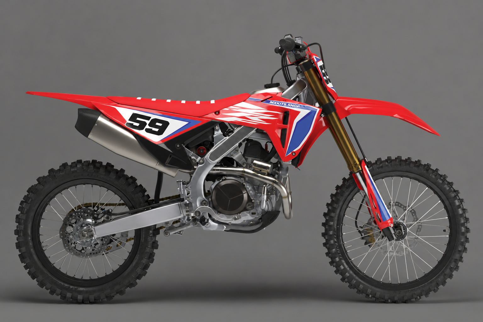 Red blue white and black Honda CRF custom motocross decal kit in studio profile