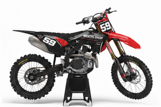 Honda CRF Motocross-Dekor-Kit in Rot, Schwarz in Seitenansicht mit personalisierter Startnummer
