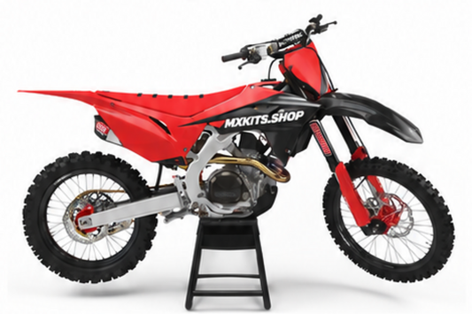 Honda CRF Motocross-Dekor-Kit in Rot, Schwarz in Seitenansicht mit personalisierter Startnummer