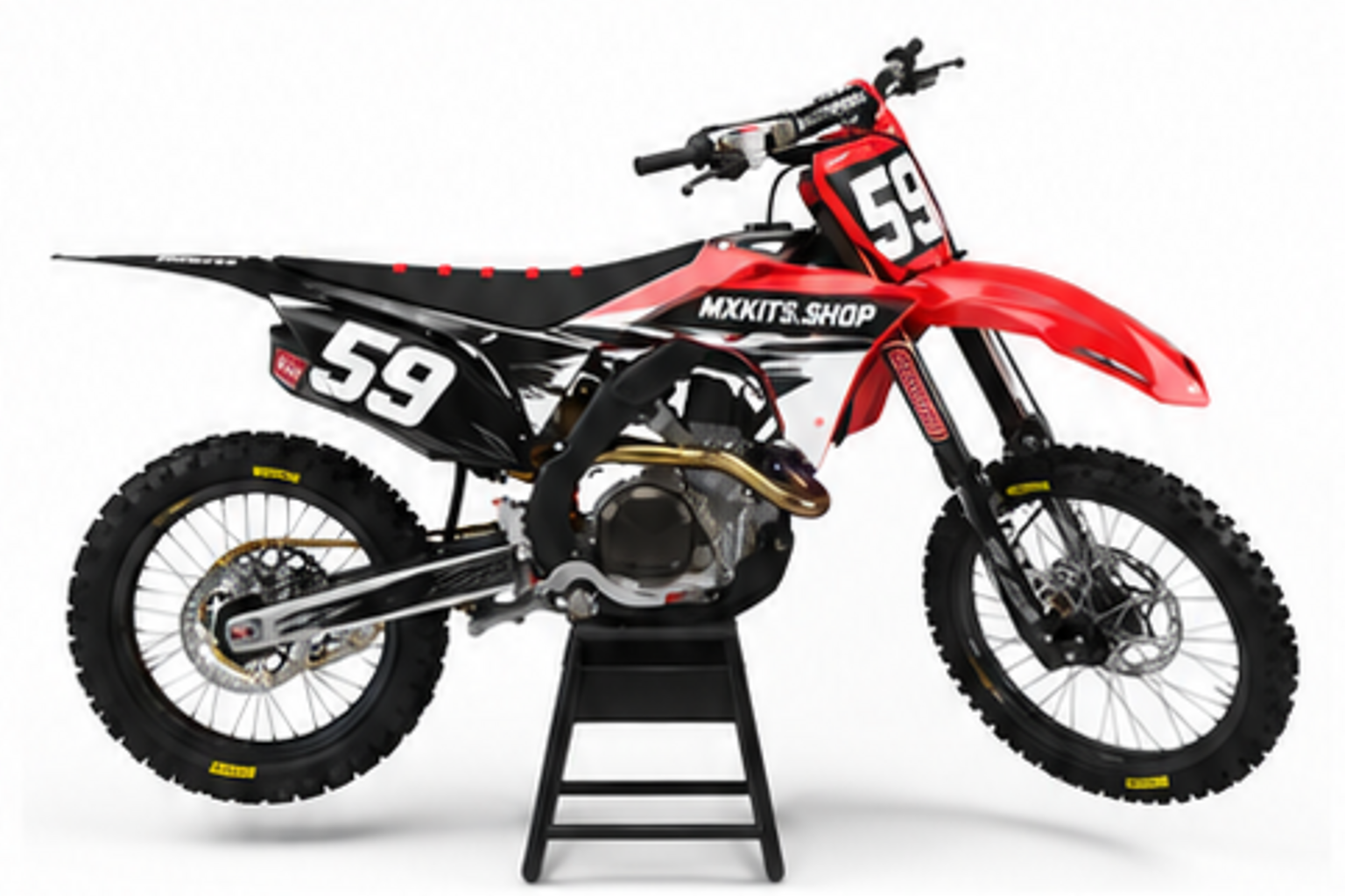 Red Black Honda CRF custom motocross graphics kit in side view with personalized race number