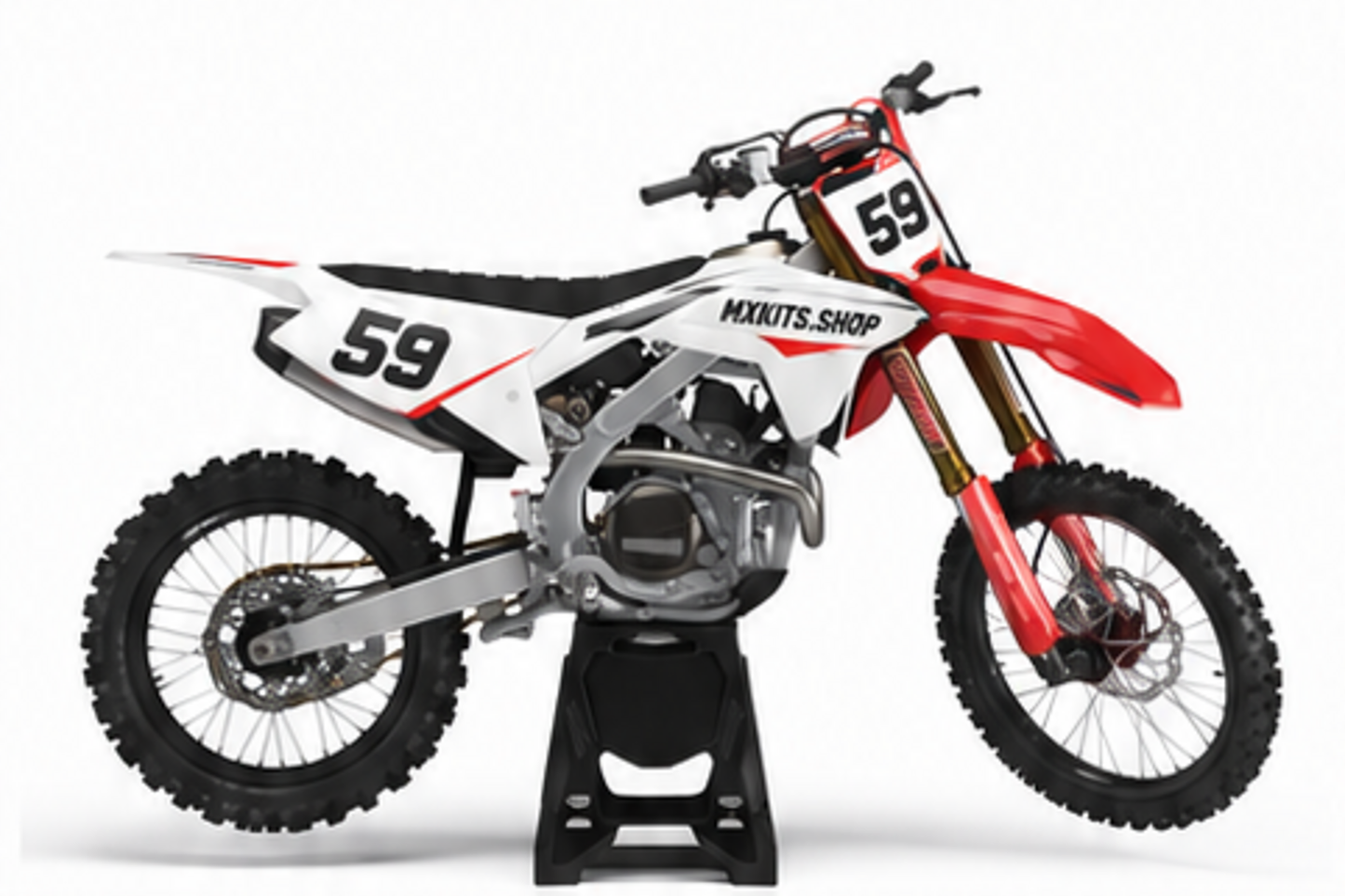 Red Black Honda CRF custom motocross graphics kit in side view with personalized race number