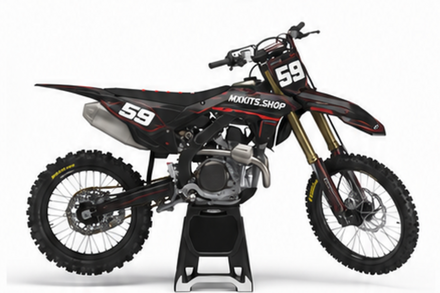 Red Black Honda CRF custom motocross graphics kit in side view with personalized race number
