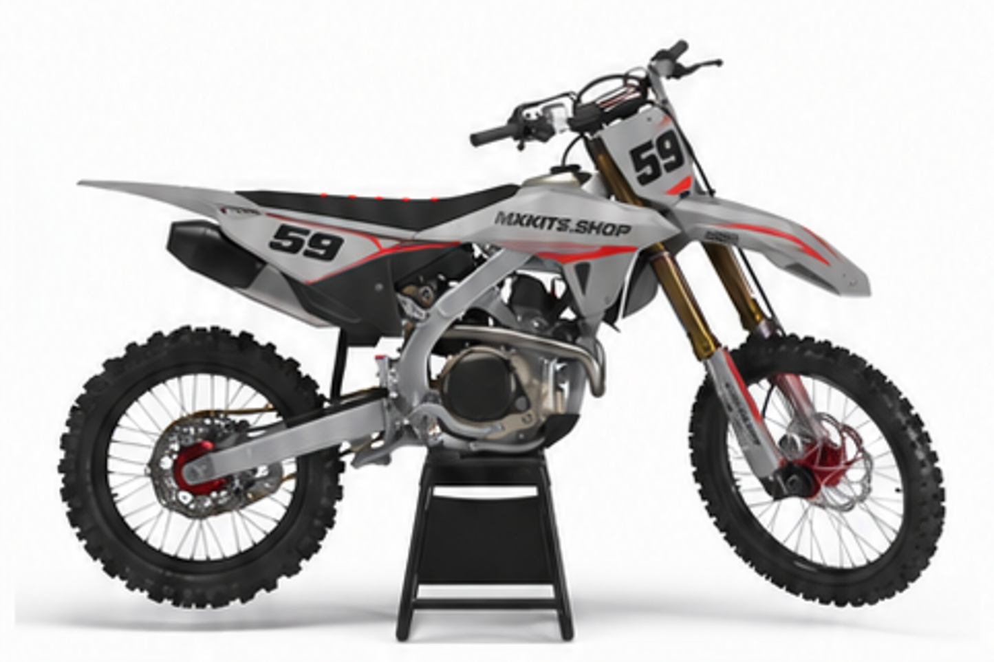 Grey Black Honda CRF custom motocross graphics kit in side view with personalized race number