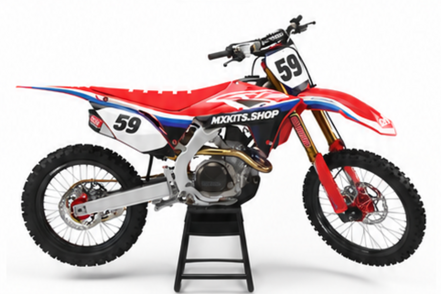 Red Blue Honda CRF custom motocross graphics kit in side view with personalized race number