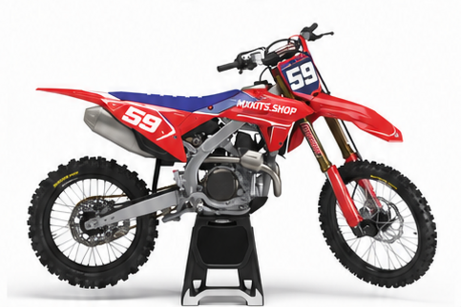 Red Black Honda CRF custom motocross graphics kit in side view with personalized race number