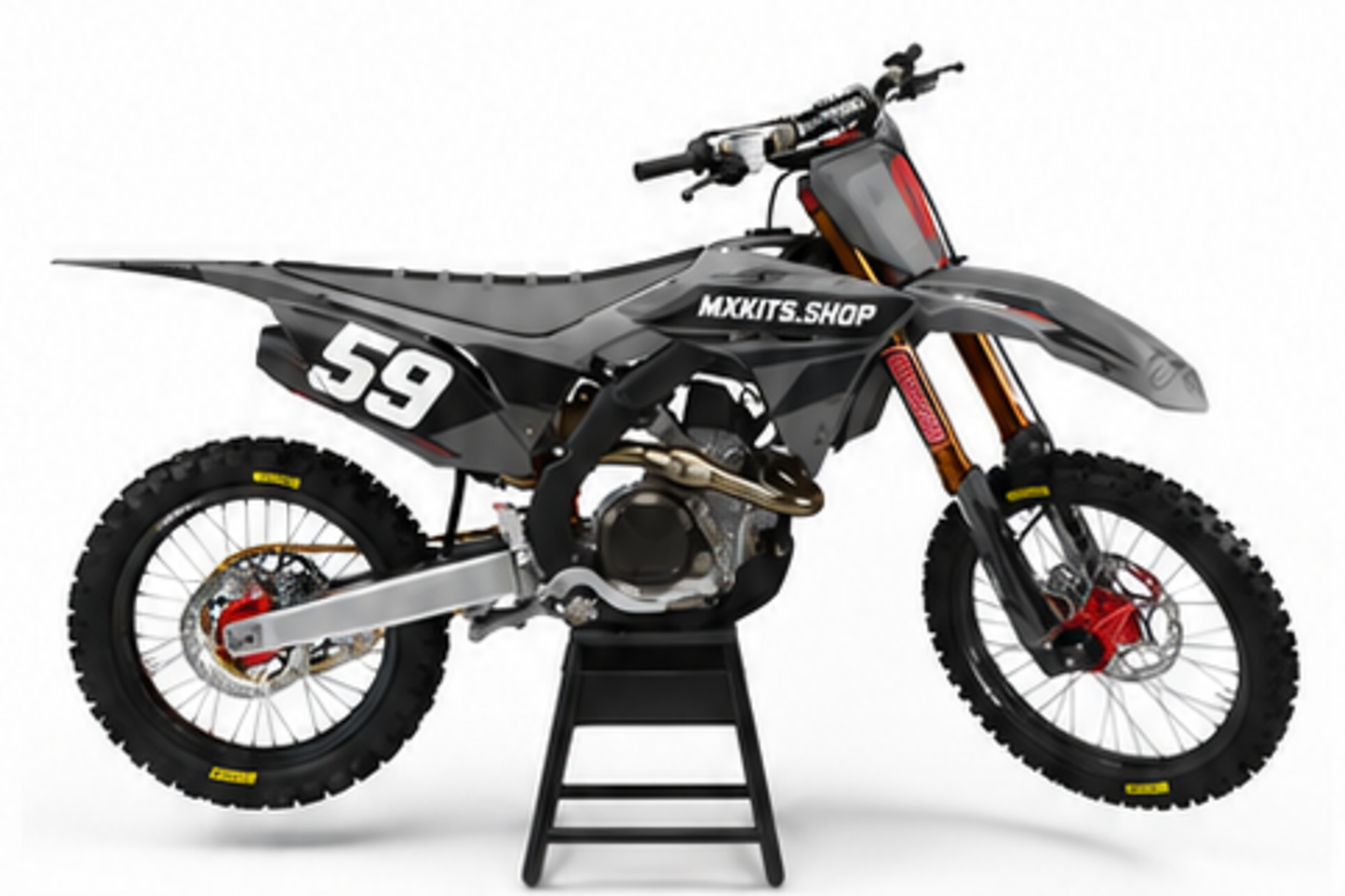 Grey Black Honda CRF custom motocross graphics kit in side view with personalized race number