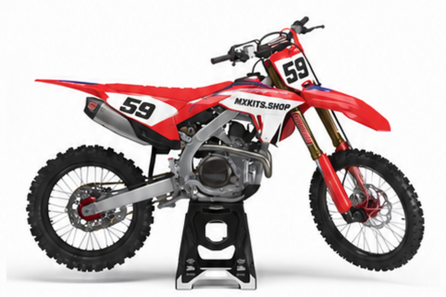 Red Black Honda CRF custom motocross graphics kit in side view with personalized race number