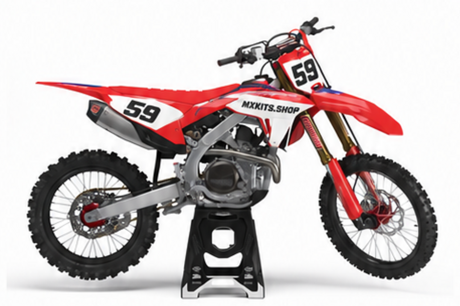 Red Black Honda CRF custom motocross graphics kit in side view with personalized race number