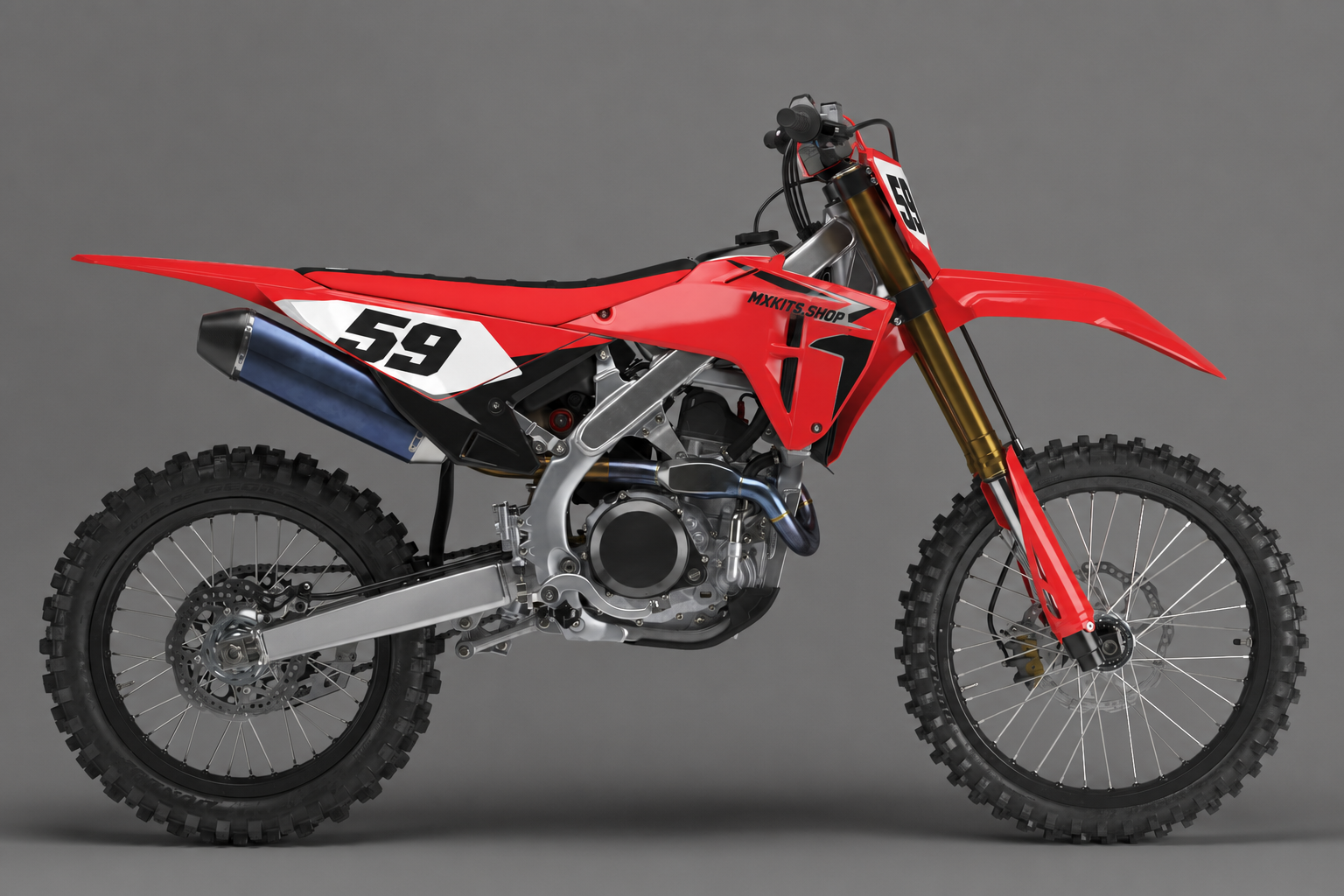 Red and black Honda CRF personalized motocross graphics kit in a clean studio side view