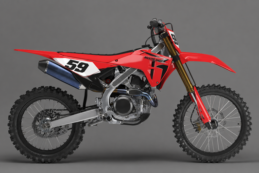 Personalisiertes Honda CRF Motocross-Dekor-Kit in Rot und Schwarz in klarer seitlicher Studioansicht