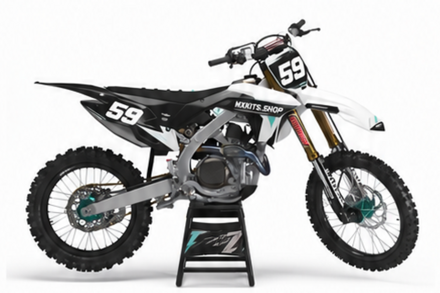 White Red Honda CRF custom motocross graphics kit in side view with personalized race number