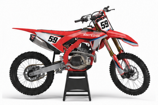 Honda CRF Motocross-Dekor-Kit in Rot, Schwarz in Seitenansicht mit personalisierter Startnummer