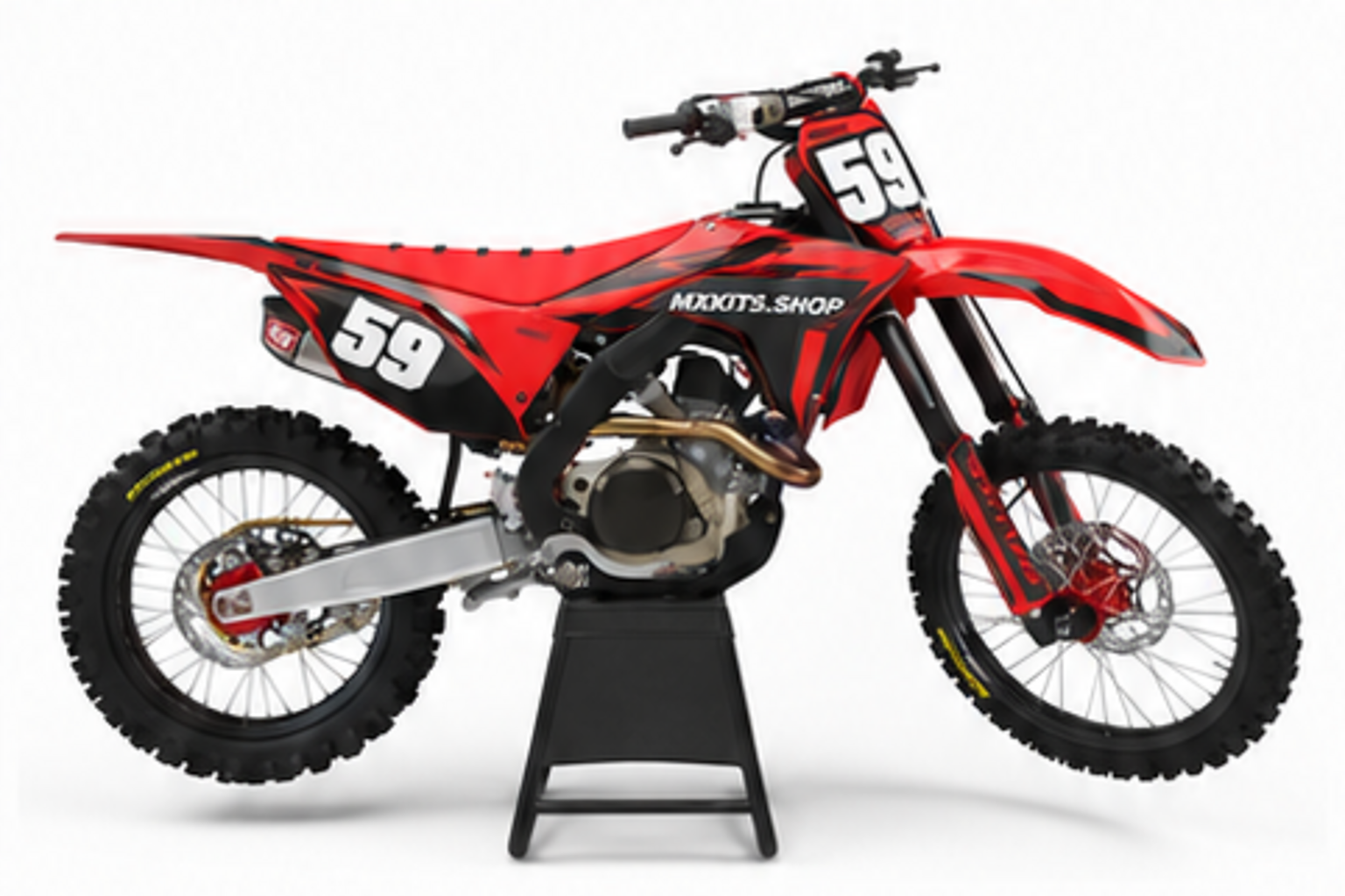 Red Black Honda CRF custom motocross graphics kit in side view with personalized race number