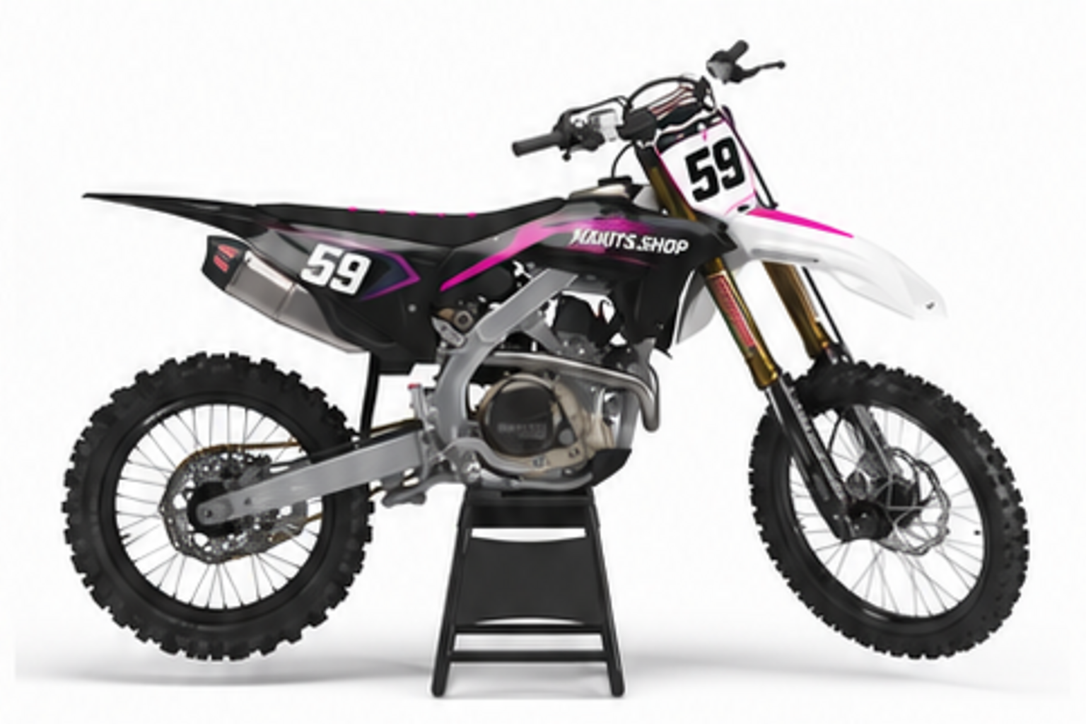 Magenta Red Honda CRF custom motocross graphics kit in side view with personalized race number