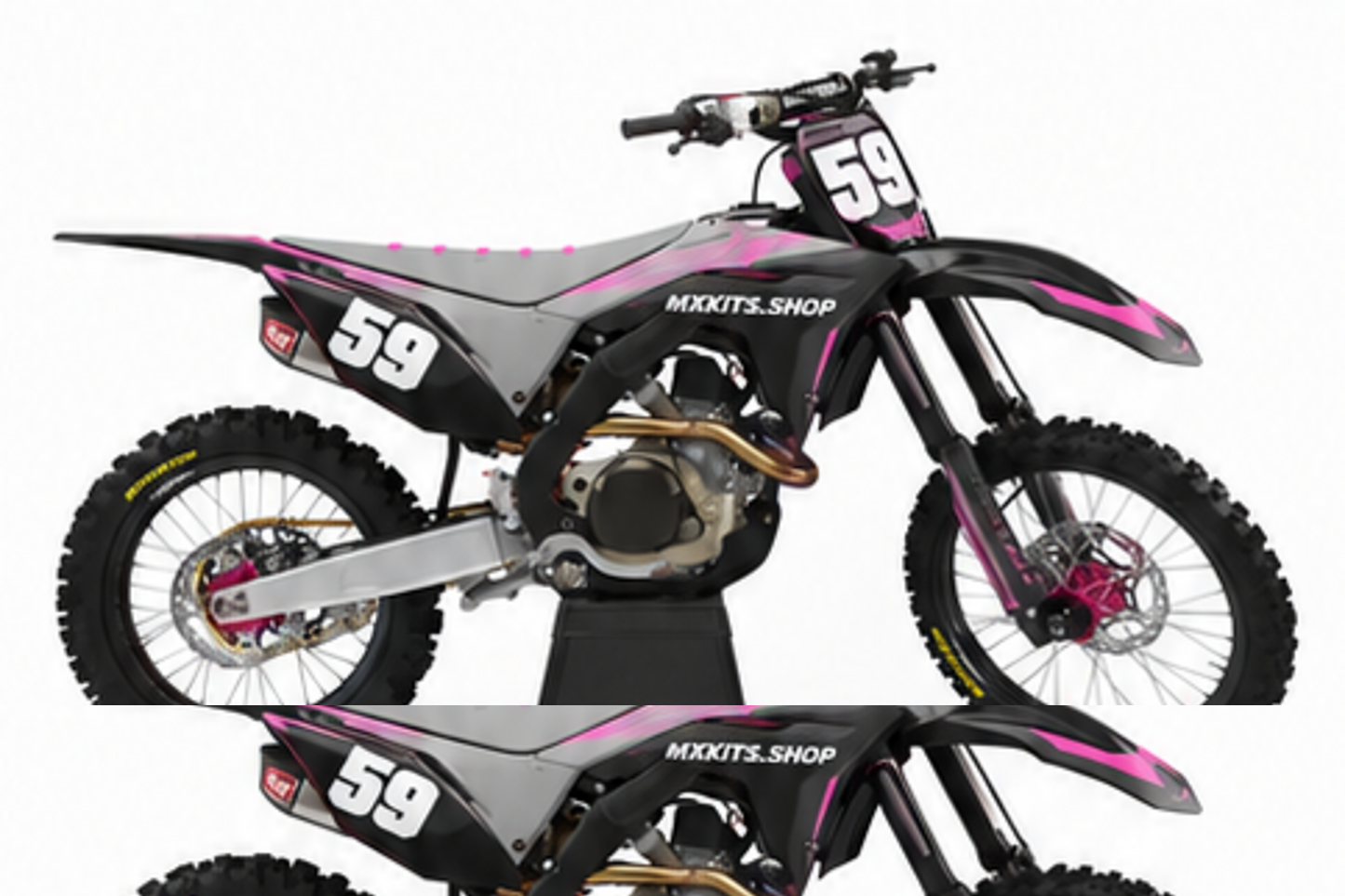 Magenta Red Honda CRF custom motocross graphics kit in side view with personalized race number