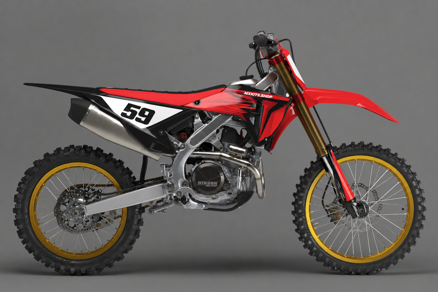 Honda CRF red and black custom motocross graphics kit with personalized race number
