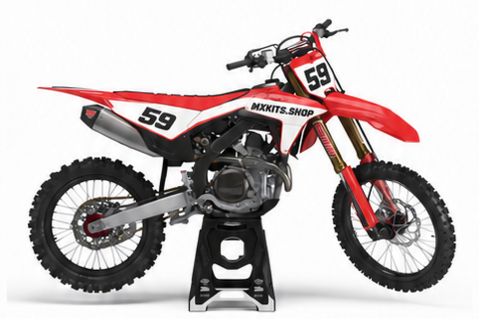 Red Black Honda CRF custom motocross graphics kit in side view with personalized race number
