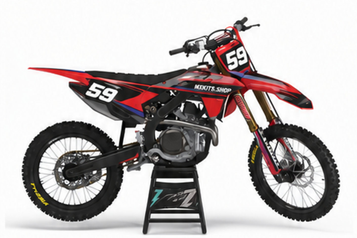 Red Black Honda CRF custom motocross graphics kit in side view with personalized race number