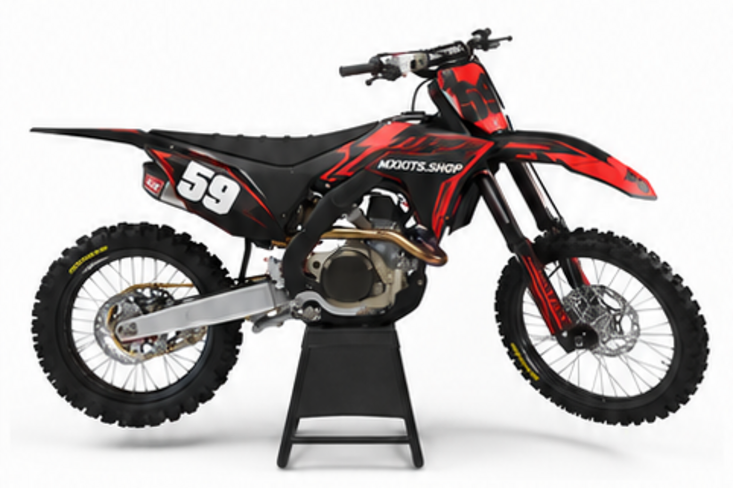 Red Black Honda CRF custom motocross graphics kit in side view with personalized race number