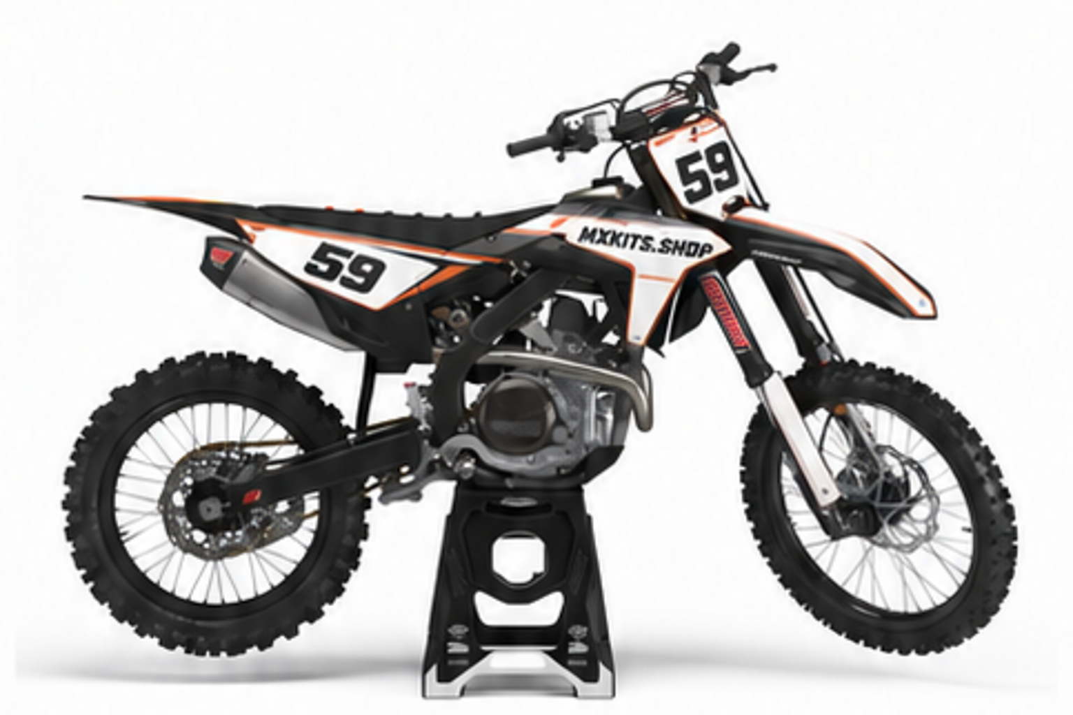 Red Black Honda CRF custom motocross graphics kit in side view with personalized race number