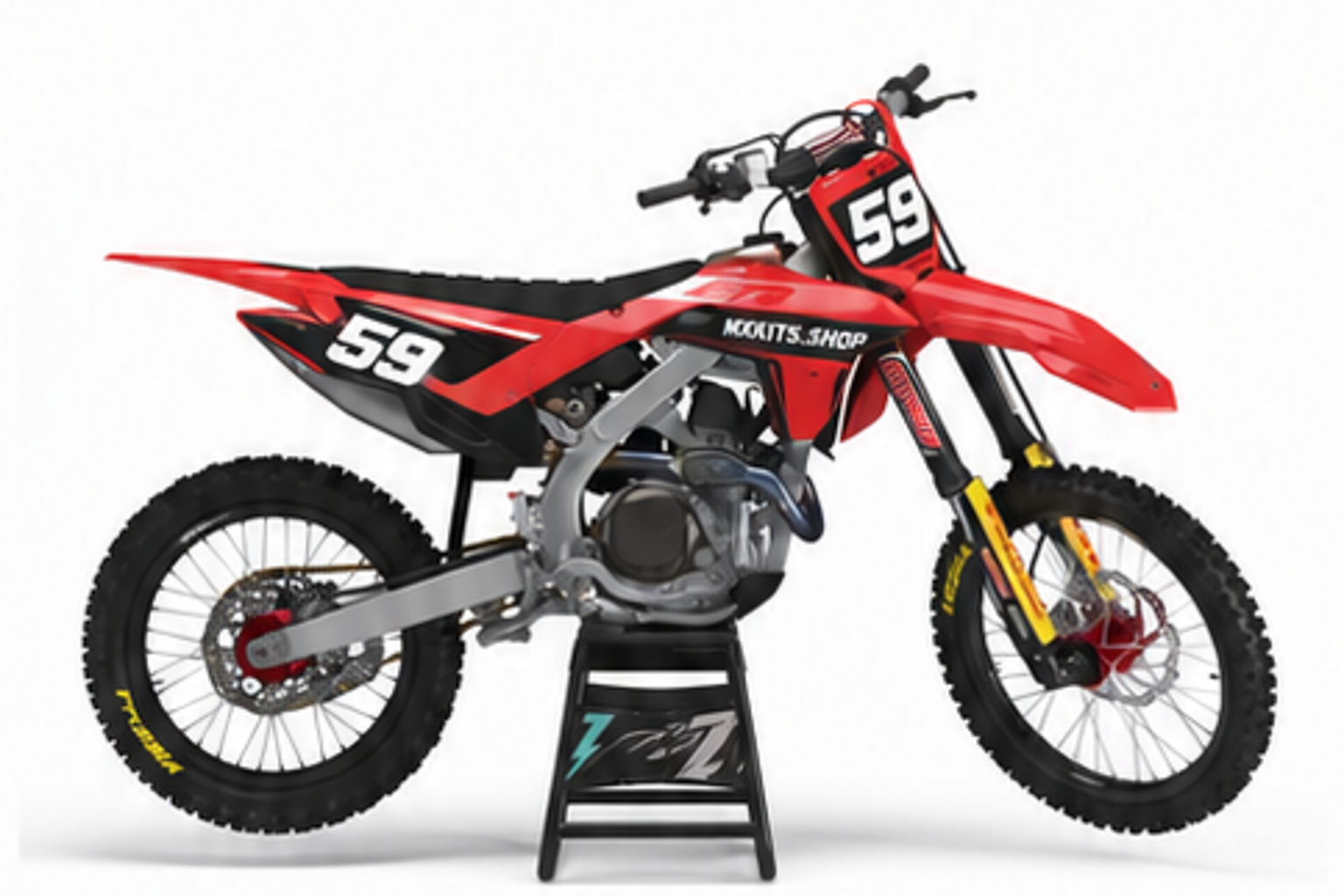 Red Black Honda CRF custom motocross graphics kit in side view with personalized race number
