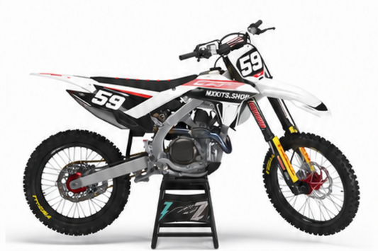 Honda CRF Motocross-Dekor-Kit in Weiß, Rot in Seitenansicht mit personalisierter Startnummer