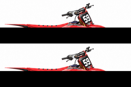 Honda CRF Motocross-Dekor-Kit in Rot, Schwarz in Seitenansicht mit personalisierter Startnummer