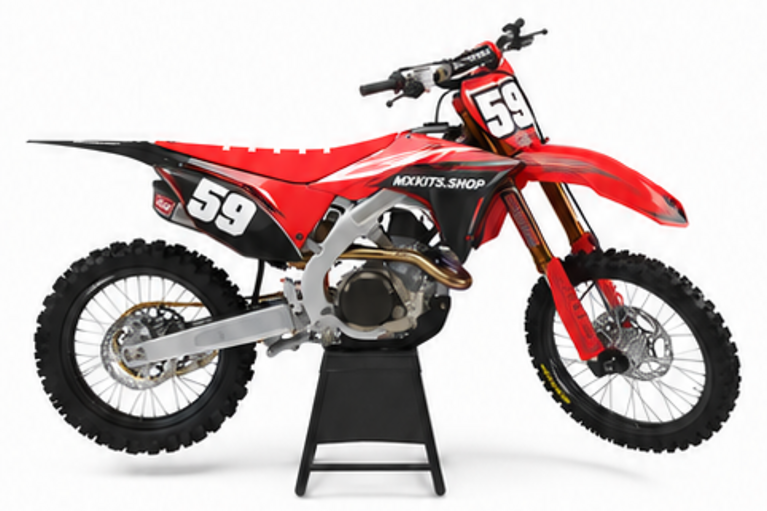 Red Black Honda CRF custom motocross graphics kit in side view with personalized race number